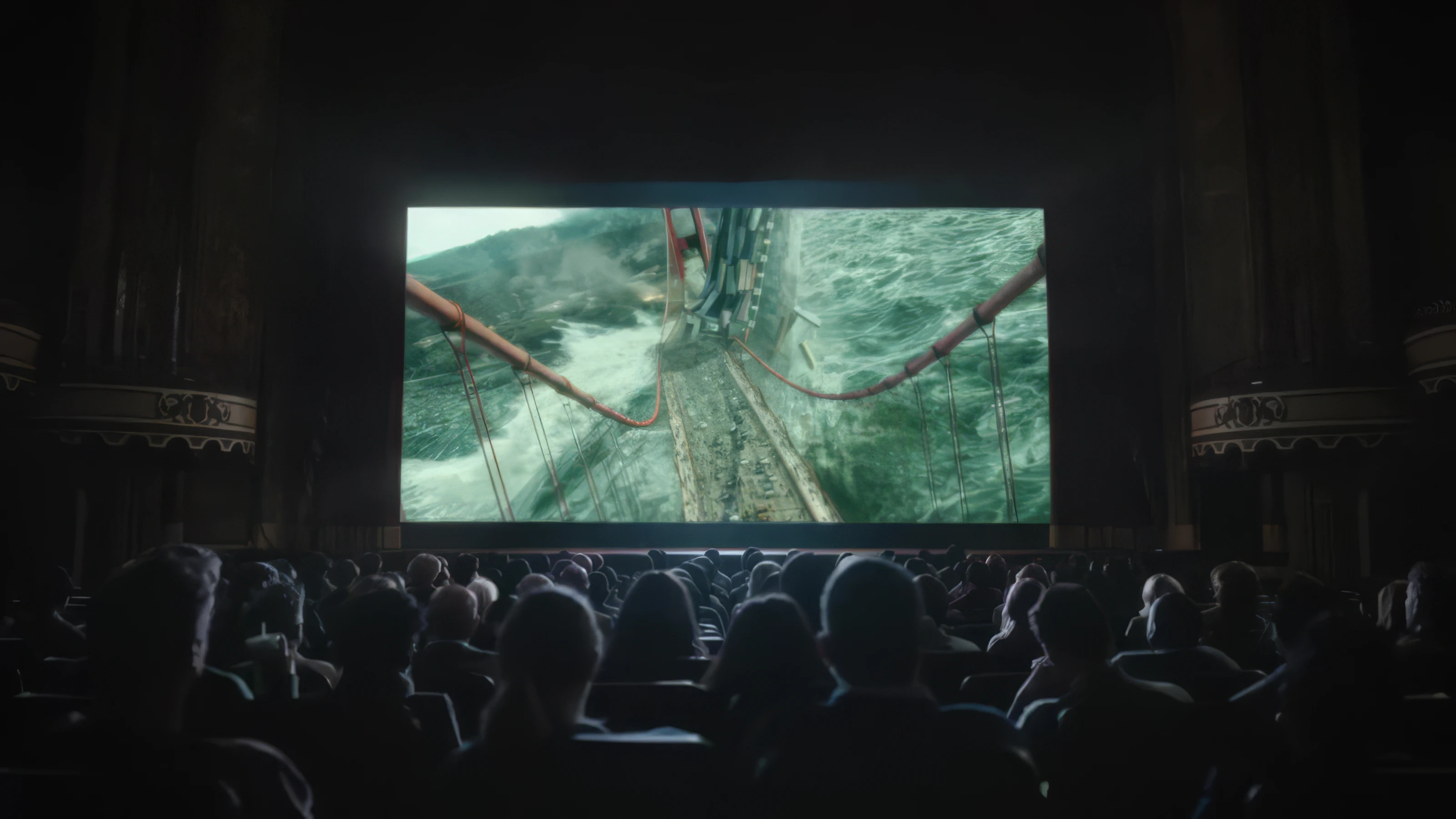 Aurora Leonard website: A packed cinema watching a bridge collapse into a stormy sea