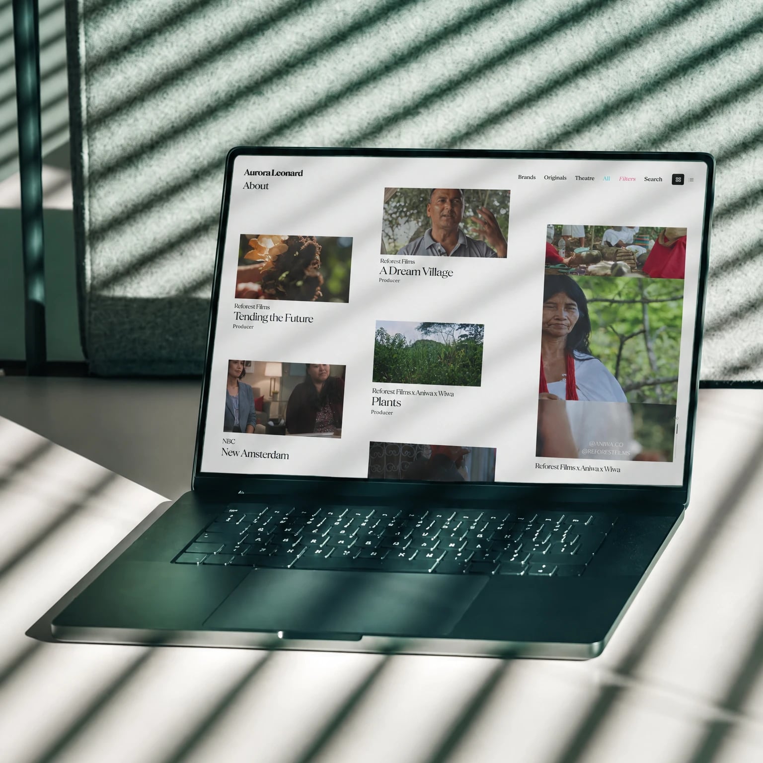 Aurora Leonard website: Laptop in striped window light showing the work grid with the category filters open