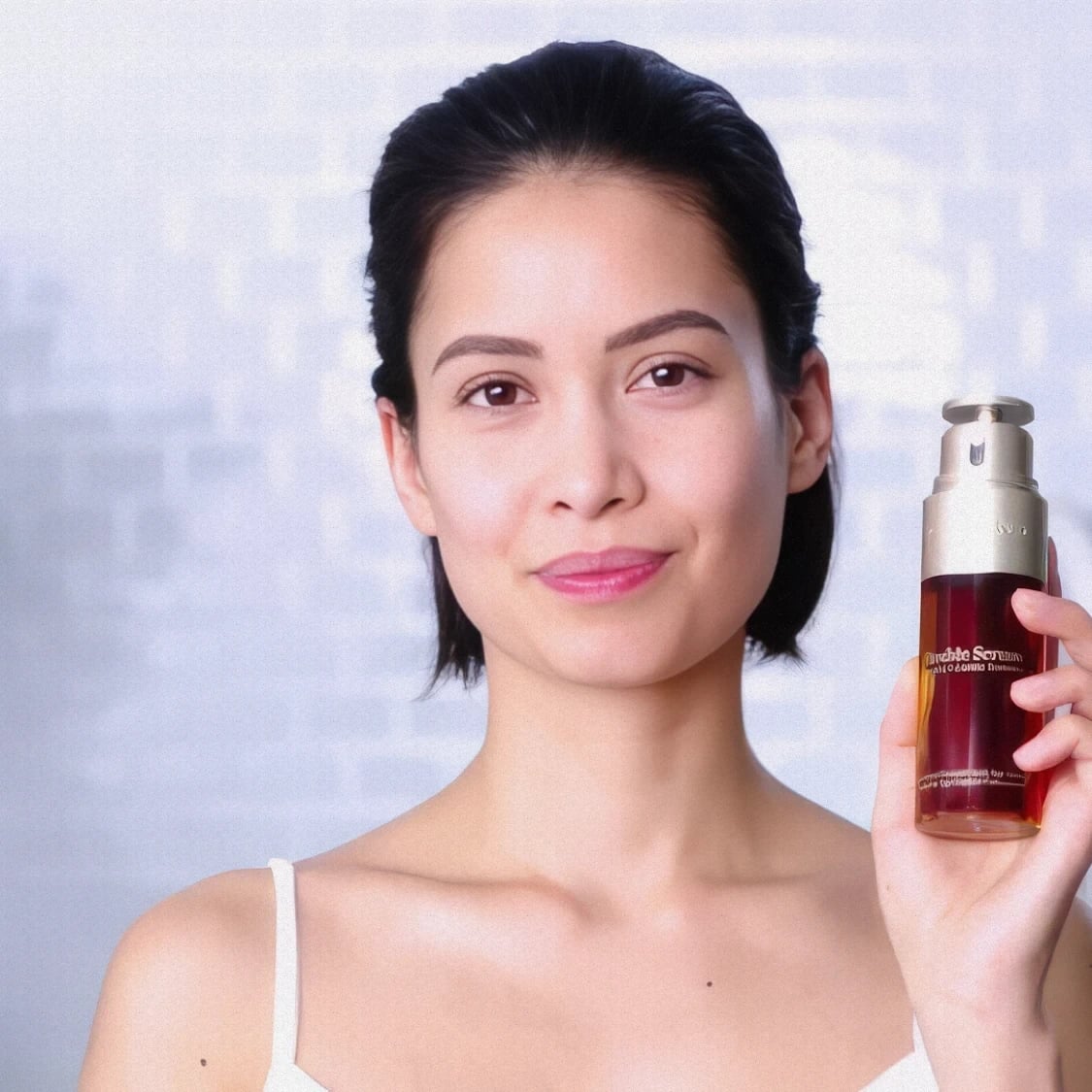 Aurora Leonard website: Still from a skincare commercial: a woman holding a serum bottle