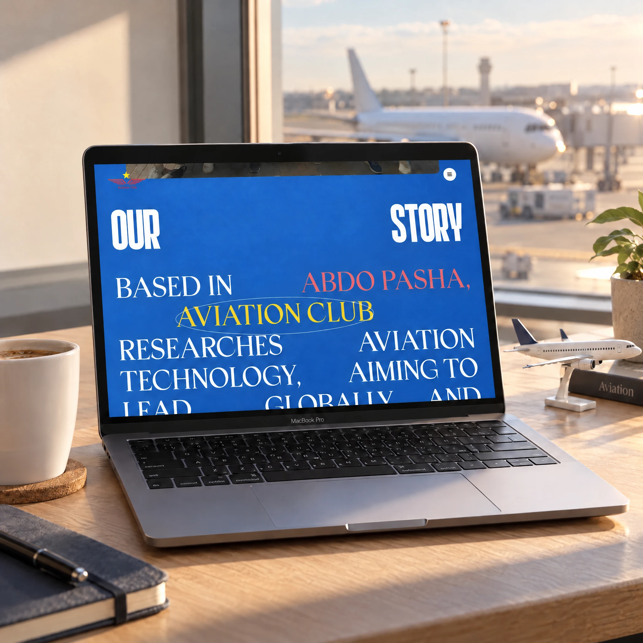 Aviation Club website: Laptop by an airport window showing the 'Our Story' section