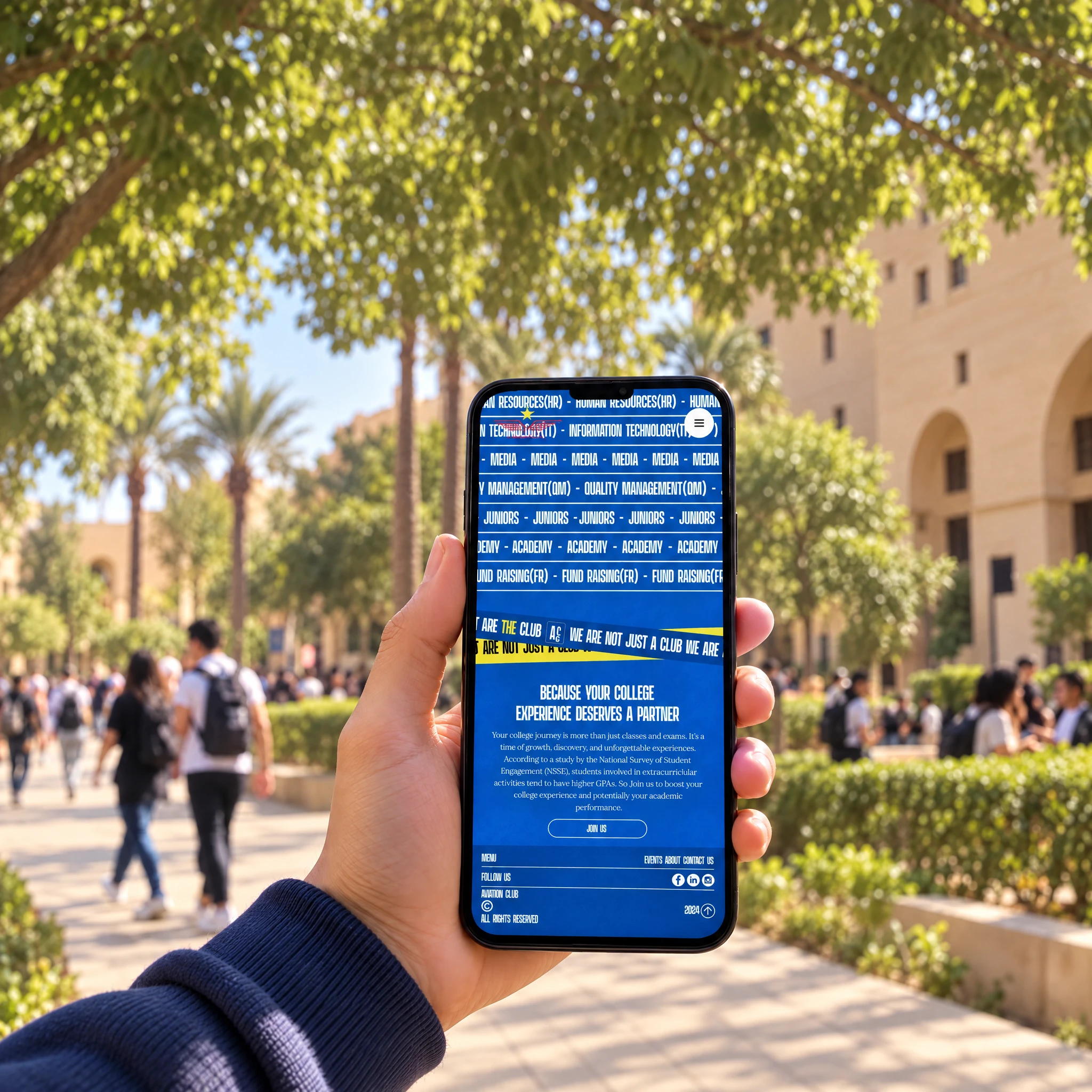 Aviation Club website: Phone on campus showing the closing 'Because your college experience deserves a partner' section