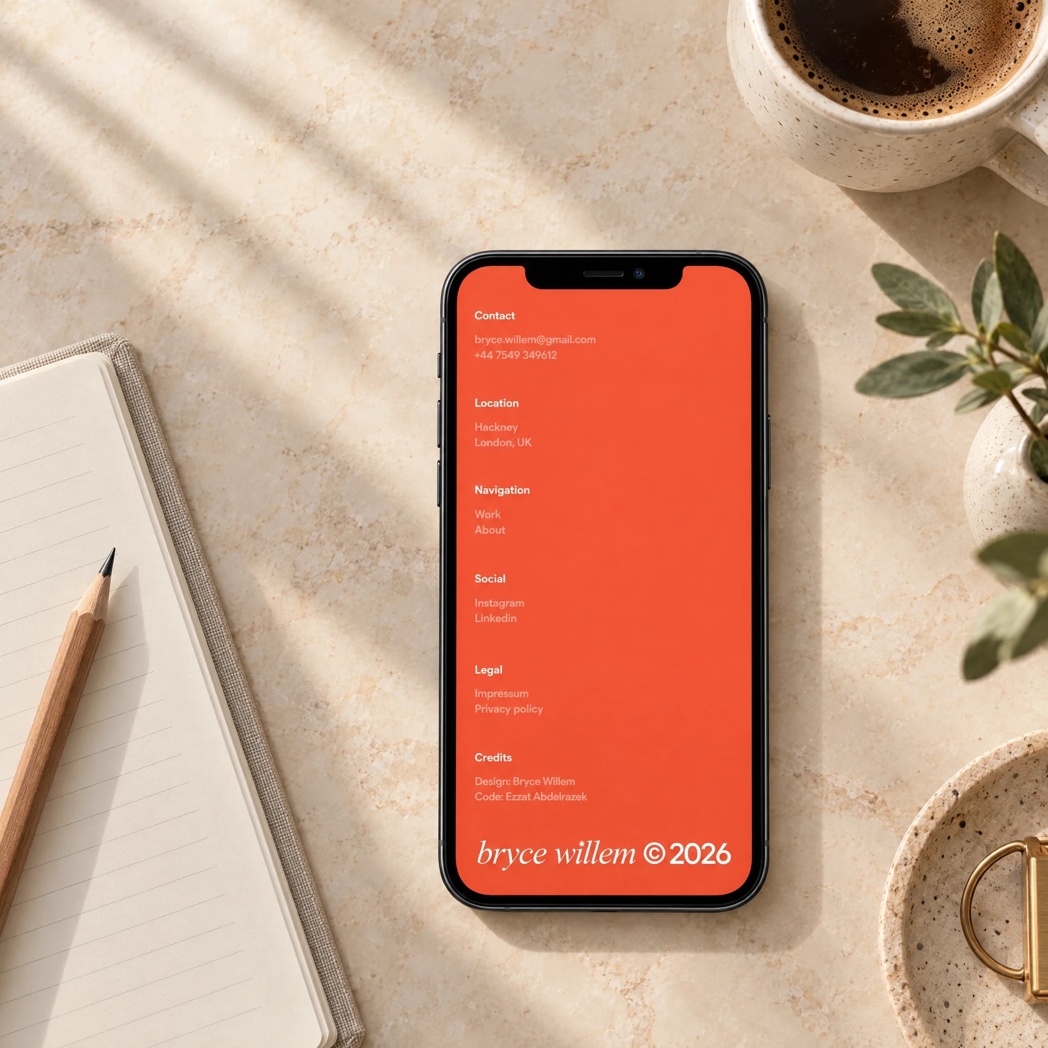 Bryce Willem website: Phone mockup of the orange footer with contact, location and links