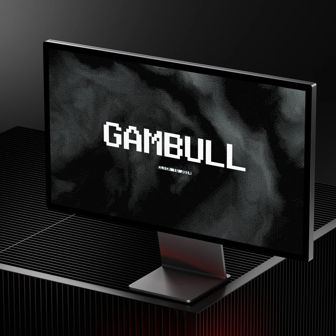 Gambull website: Monitor on a dark ribbed stand showing the Gambull hero wordmark