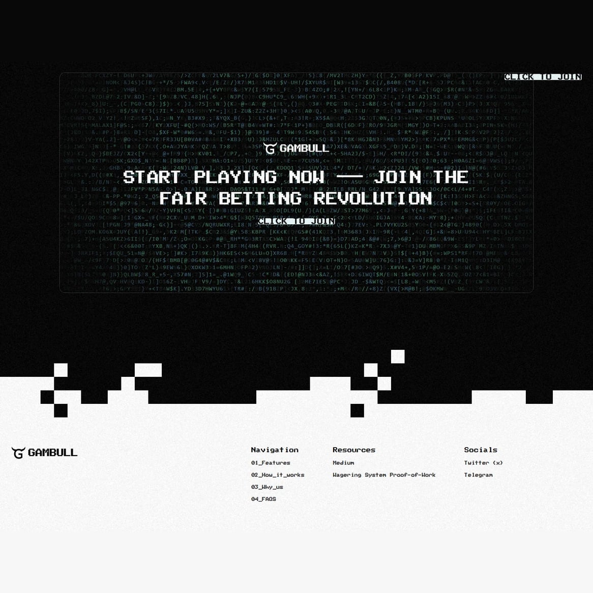 Gambull website: Closing call to action and footer: 'Start playing now, join the fair betting revolution'