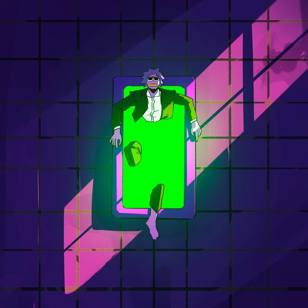 GMONAD website: Gmonad comic art from the lore chapters: the character floating calmly in a glowing green bath