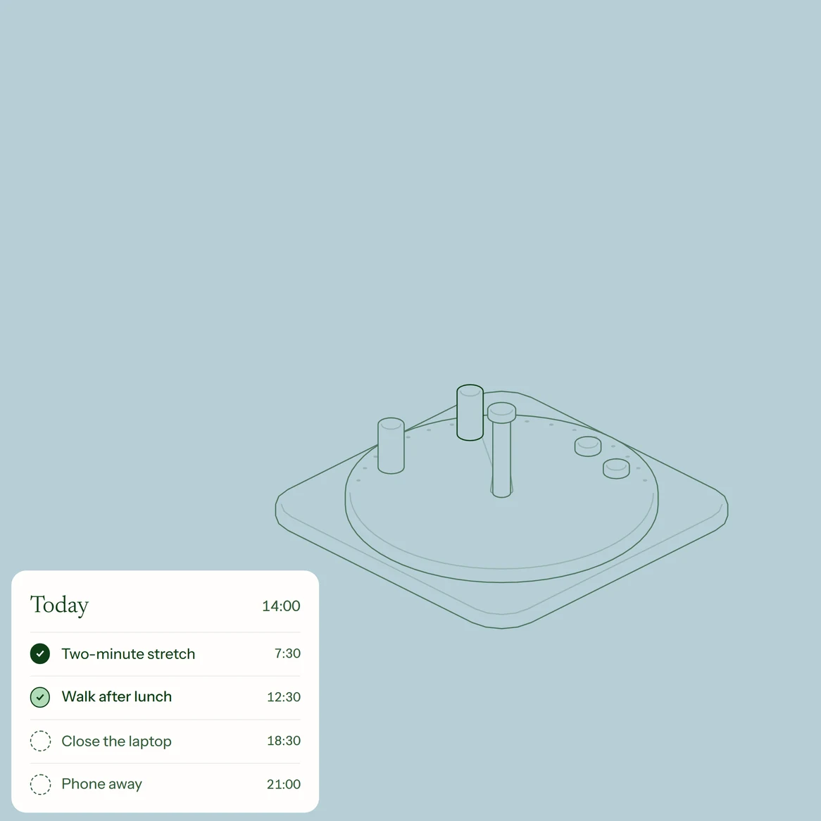 Sensim website: The hero artwork: a line-drawn dial on eucalyptus blue, with a 'Today' card of small habits