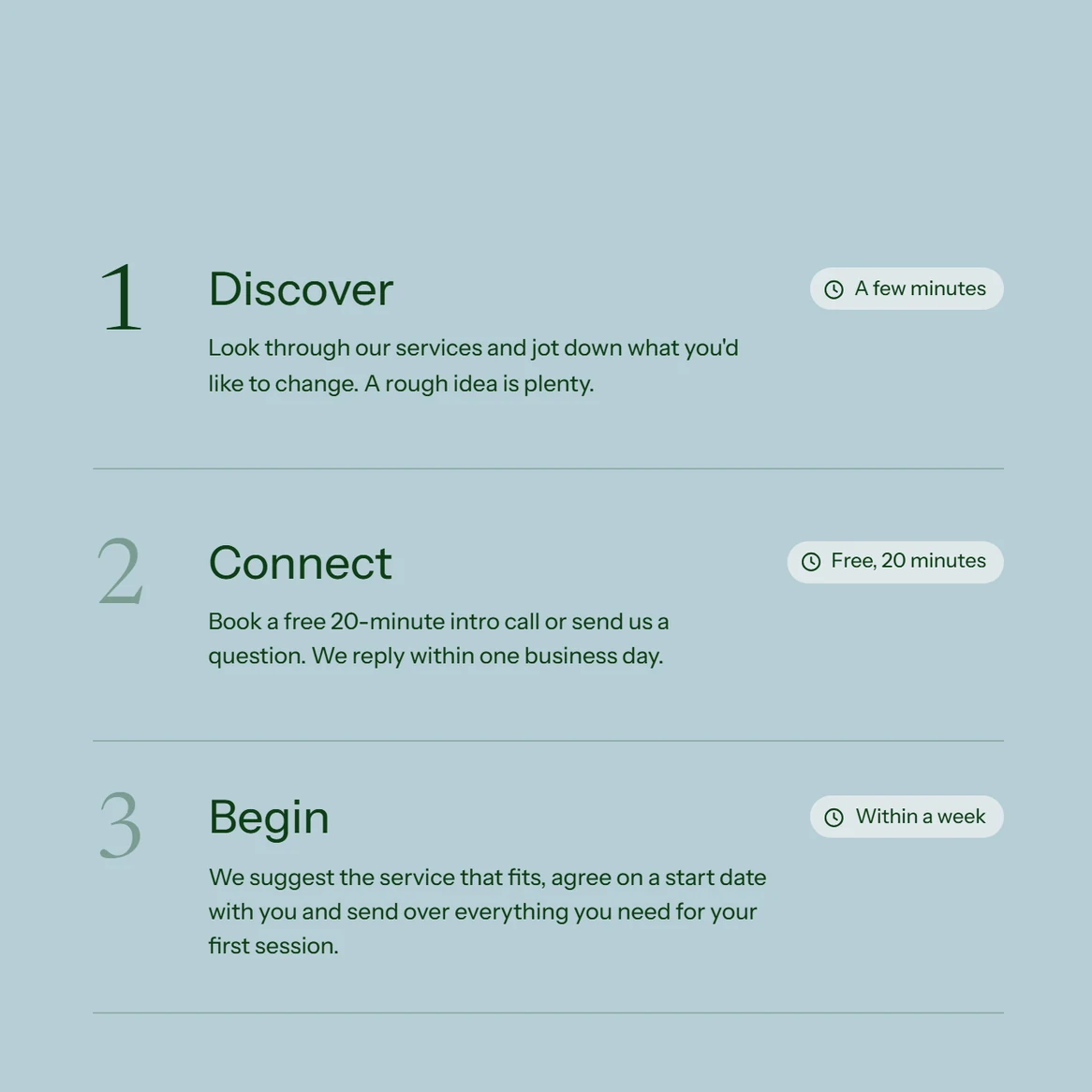 Sensim website: Getting started takes three steps: Discover, Connect and Begin on the eucalyptus panel
