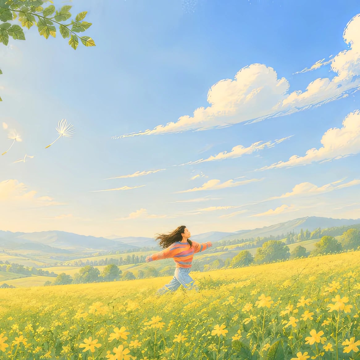 Uareai website: Illustration: a woman running with open arms through a sunlit field of yellow flowers, dandelion seeds in the air