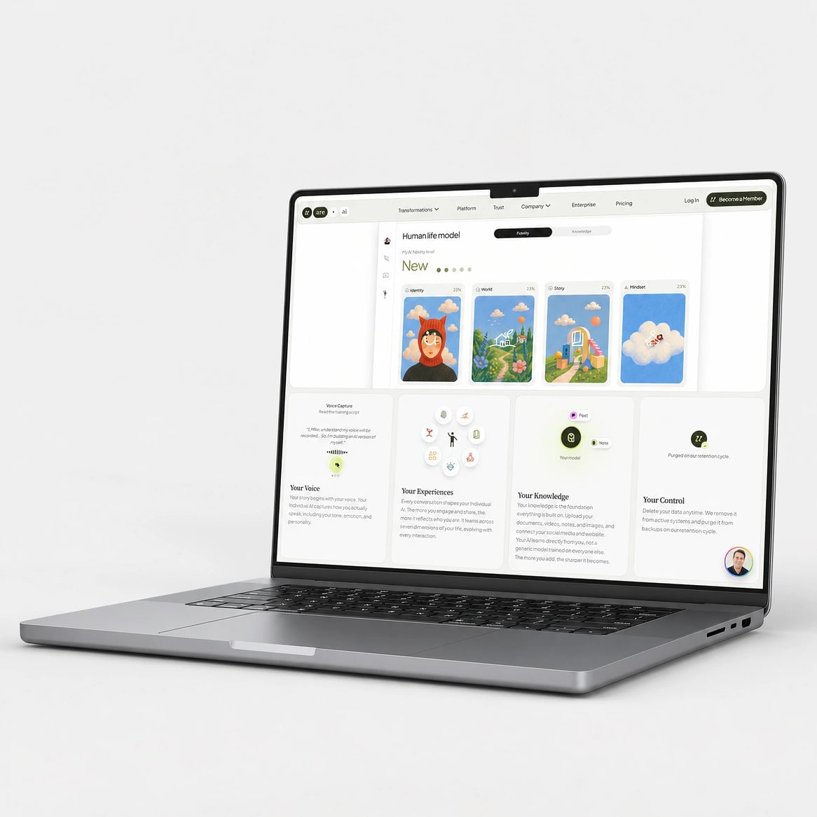 Uareai website: Laptop mockup at an angle on a light grey backdrop showing the platform page: the Human Life Model app and the Voice, Experiences, Knowledge and Control cards