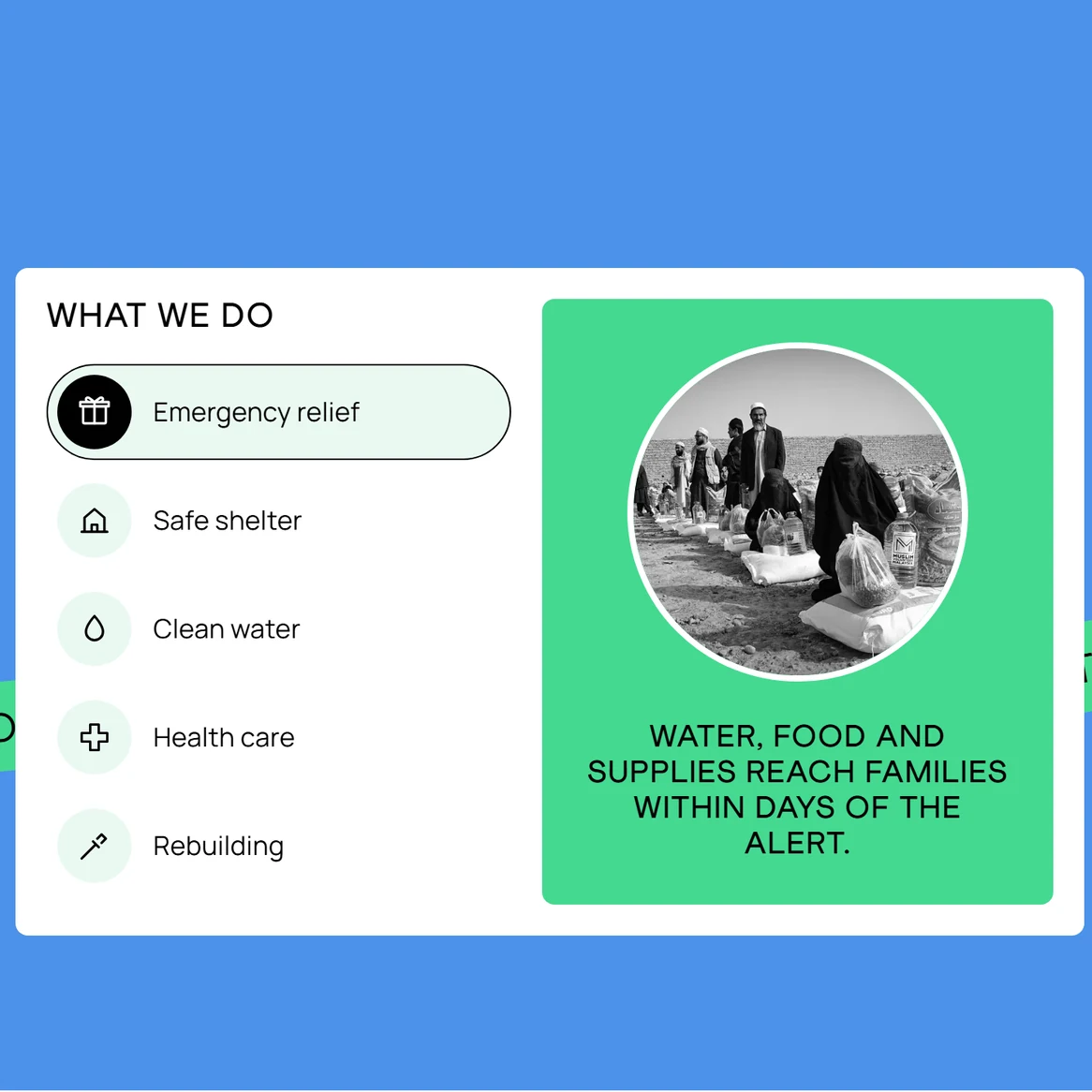 Vitaria website: 'What we do' panel on Vitaria's blue band: five response tabs beside a green card with a field photo