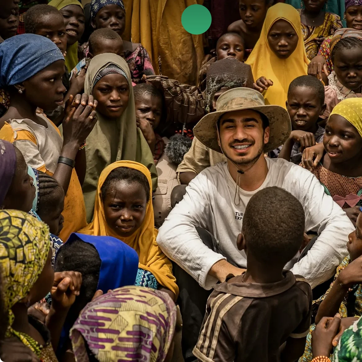 Vitaria website: Field photograph from the hero: a relief worker in a sun hat sitting among a crowd of women and children