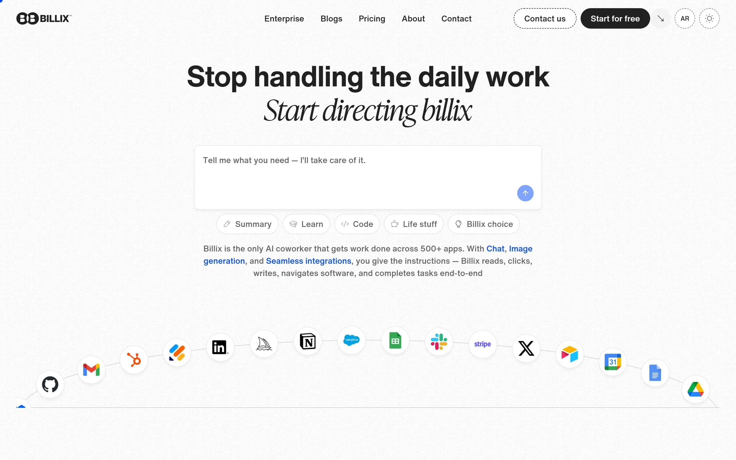 The Billix home page on desktop