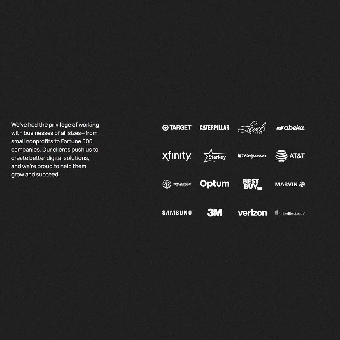 LXE Digital website: Clients section: dark panel with the intro text and the client logo grid
